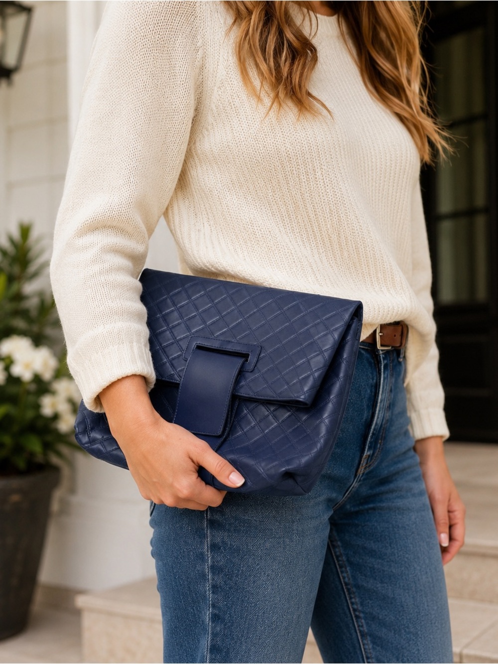 Mr. Ernest Navy Quilted Oversized Foldover Clutch Handbag Envelope Purse